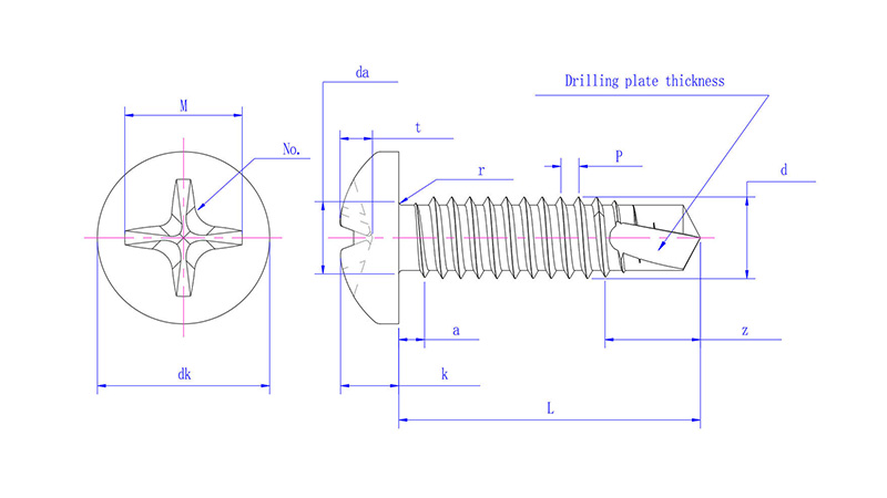 Cross Recessed Pan Head Drilling Screws with Tapping Screw Thread -drawing mm