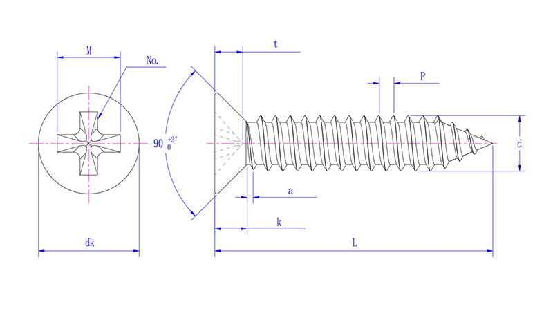 Cross recessed countersunk head tapping screws -drawing