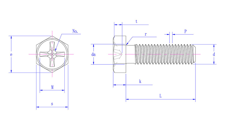 Cross recessed hexagon bolts with indentation drawing mm