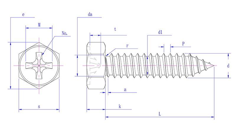 Cross recessed hexagon head tapping screws with indentation -drawing mm