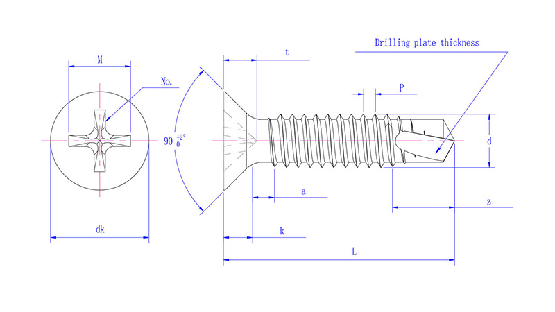 Crosse recessed countersunk head drilling screws with tapping screws thread -drawing mm