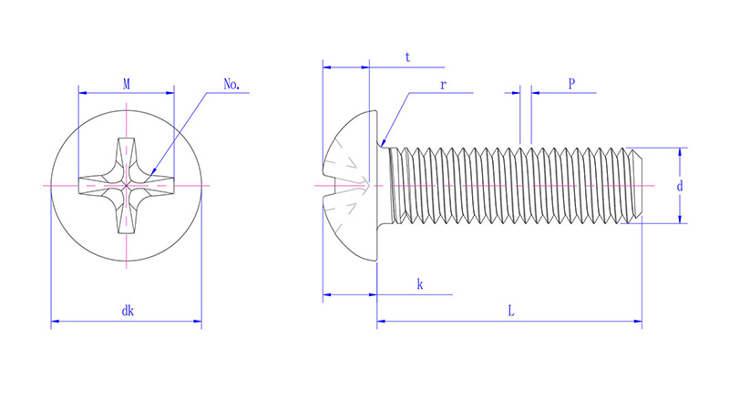 Pan head screws with cross recess -drawing inch