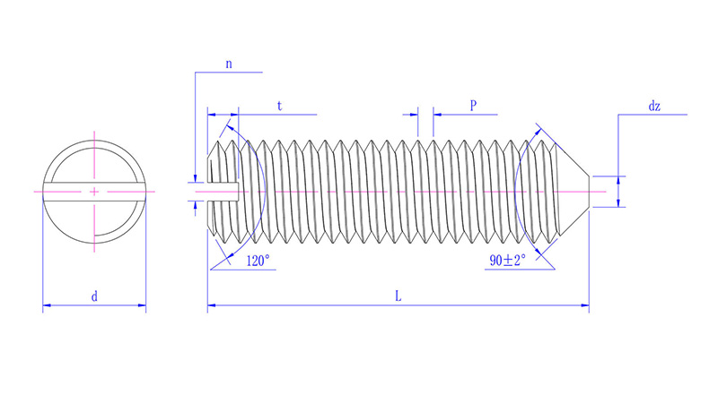 Slotted set screws with cone point -drawing mm