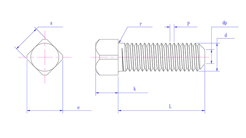 Square set screws with chamfered end -drawing mm