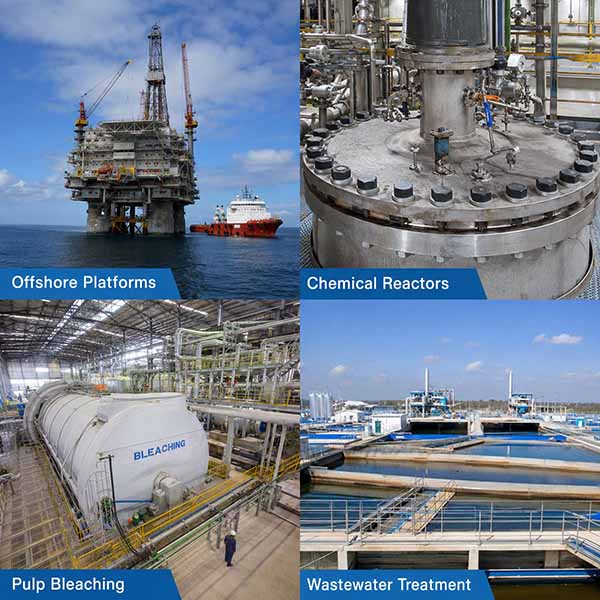 Applications industrielles des fixations duplex 2205, notamment dans les secteurs offshore, chimique, maritime et des pâtes à papier.
