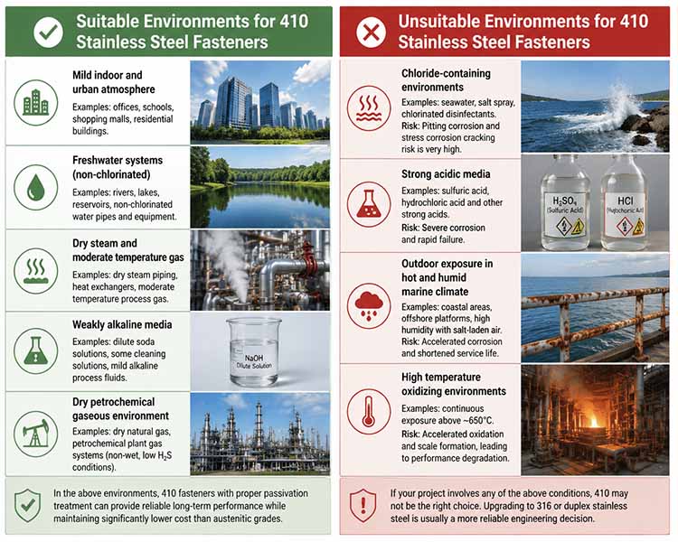 410 stainless steel fastener application environments comparison showing suitable dry indoor conditions versus unsuitable coastal and chloride-rich environments