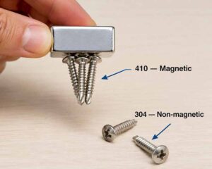 410 martensitic stainless steel screws attracted to magnet while 304 austenitic screws remain unaffected showing magnetic difference