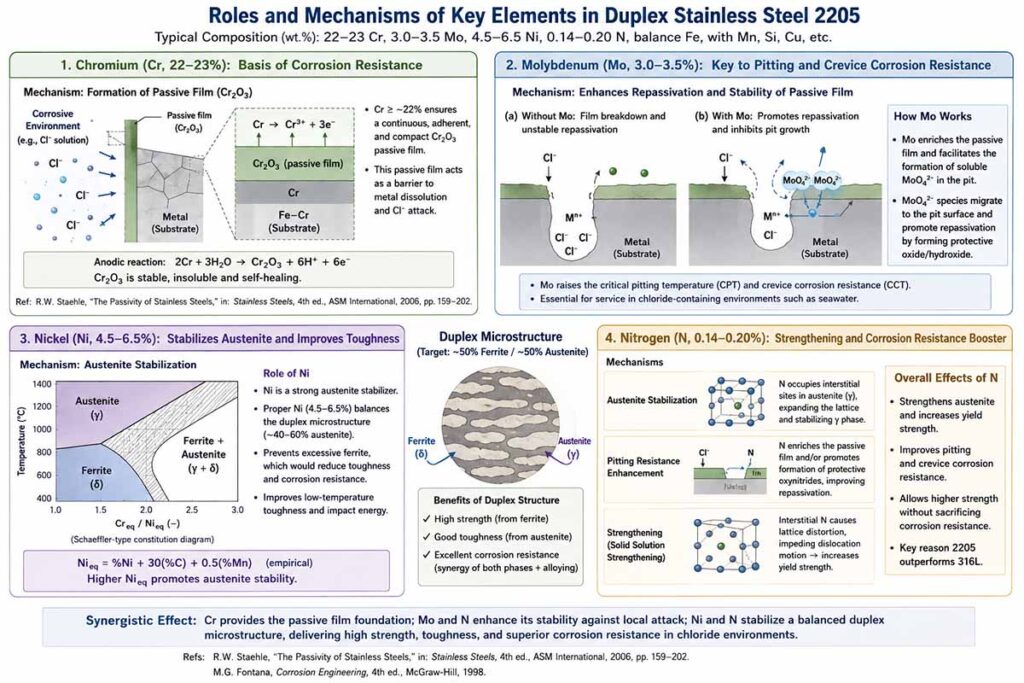Schéma illustrant le rôle des principaux éléments de l'acier inoxydable 2205