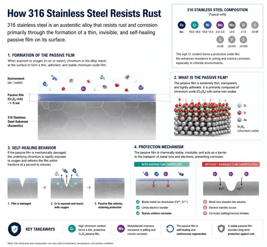 Schéma du mécanisme de résistance à la corrosion de l'acier inoxydable 316