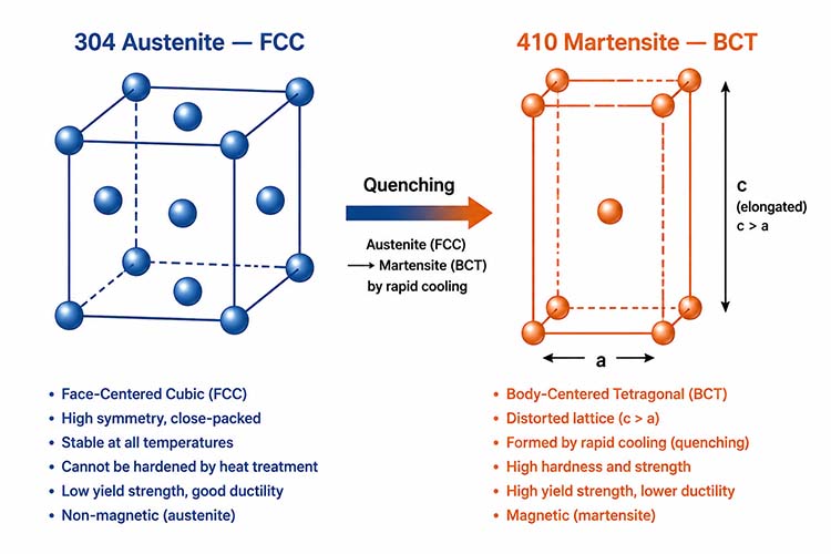 FCC austenite crystal structure of 304 stainless steel compared to BCT martensite structure of 410 stainless steel after quenching