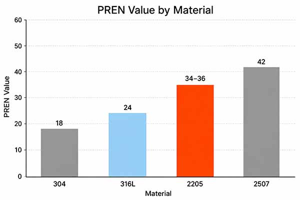 Tableau comparatif des valeurs PREN montrant que l'acier inoxydable duplex 2205 surpasse significativement les aciers 316L et 304. 